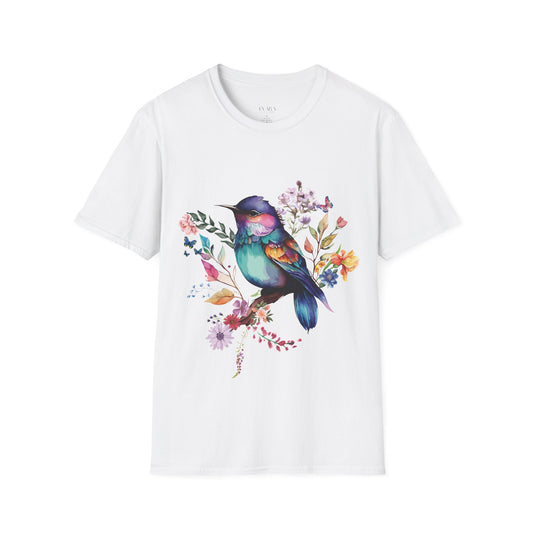 White t-shirt with a colorful bird and floral design on a white background