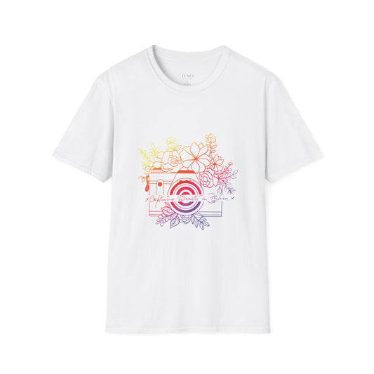 White t-shirt with a colorful graphic design on a white background