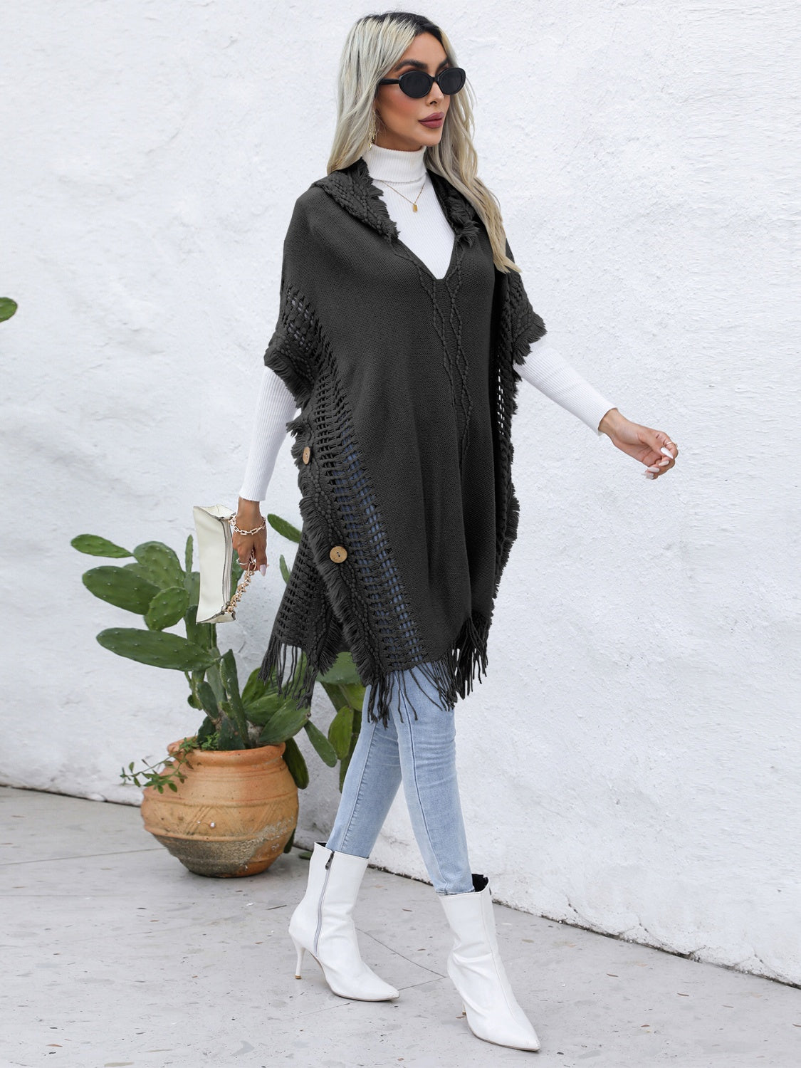 Trim Buttoned Hooded Poncho