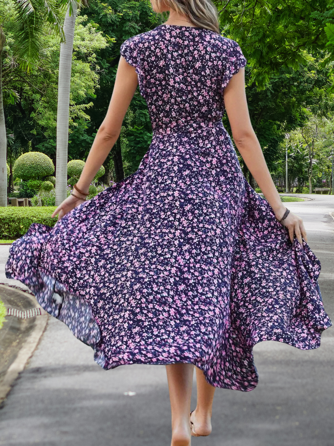Printed Surplice Ruffle Sleeve V-Neck Dress
