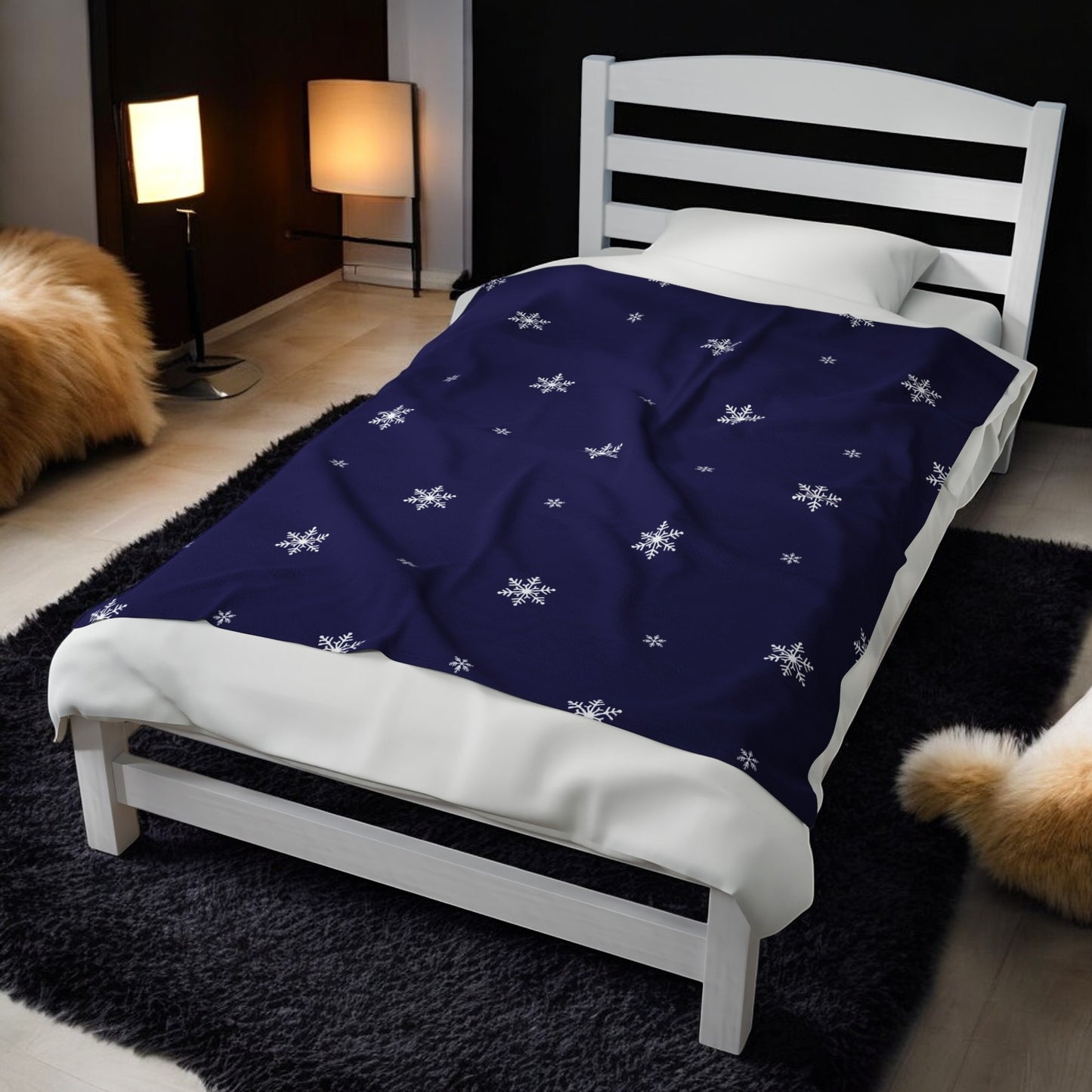 Dark Blue with White Snowflakes velveteen Blanket