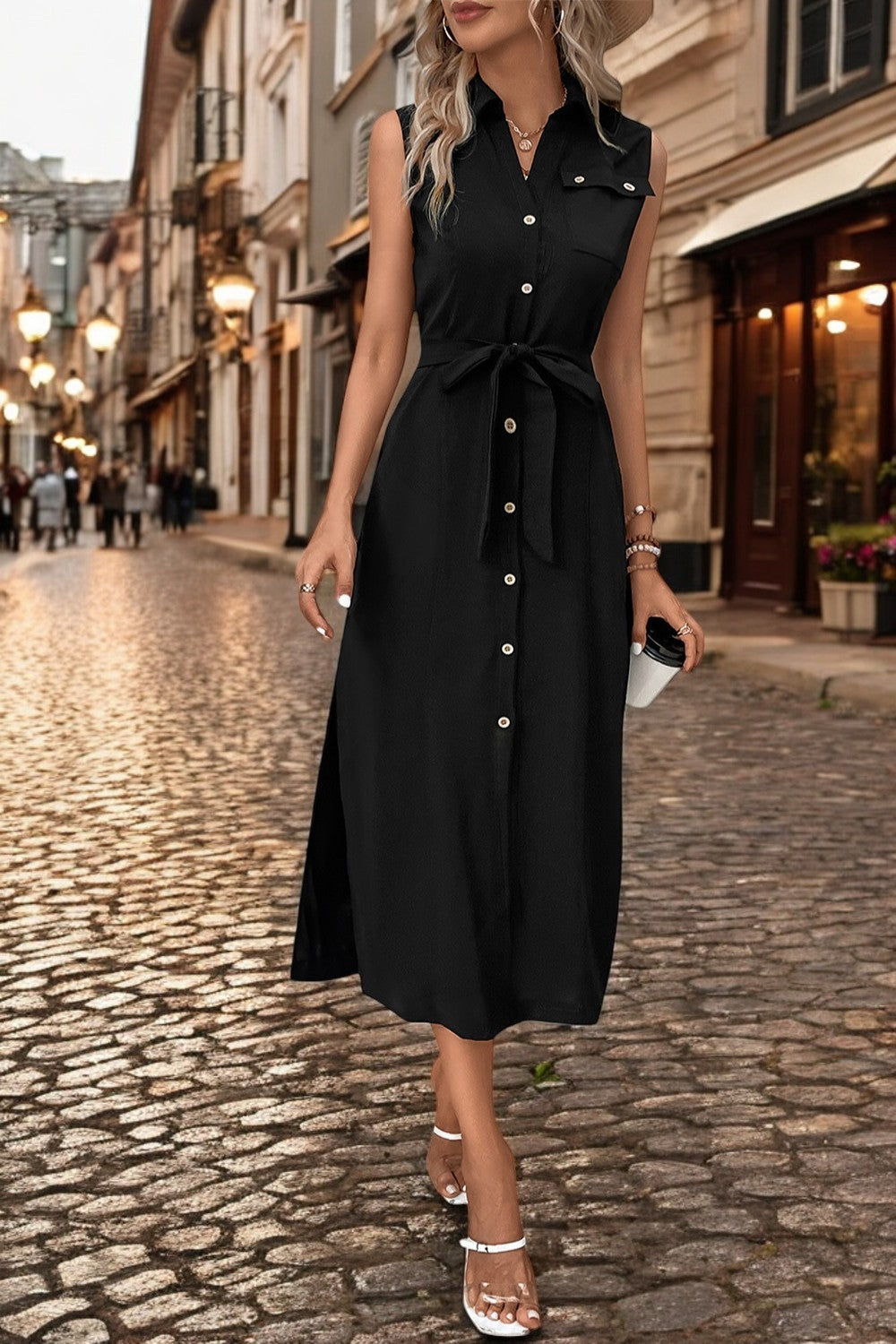 Button Up Sleeveless Midi Dress