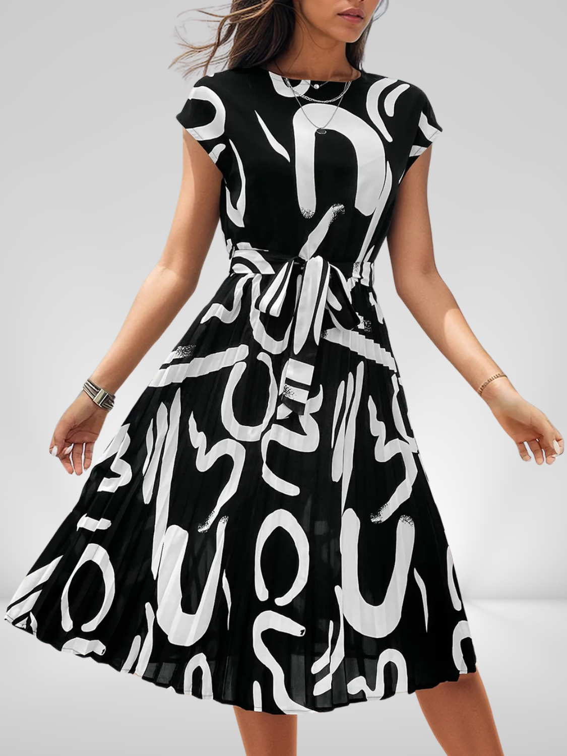 Printed Cap Sleeve Tie Waist Dress