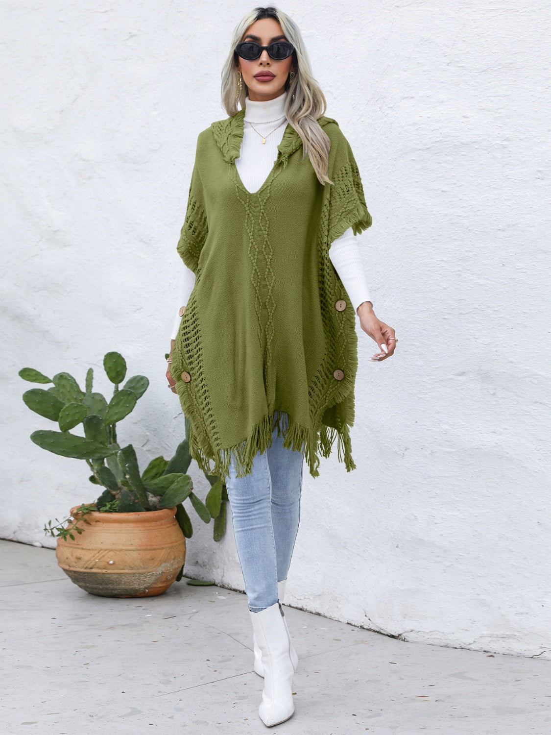 Trim Buttoned Hooded Poncho