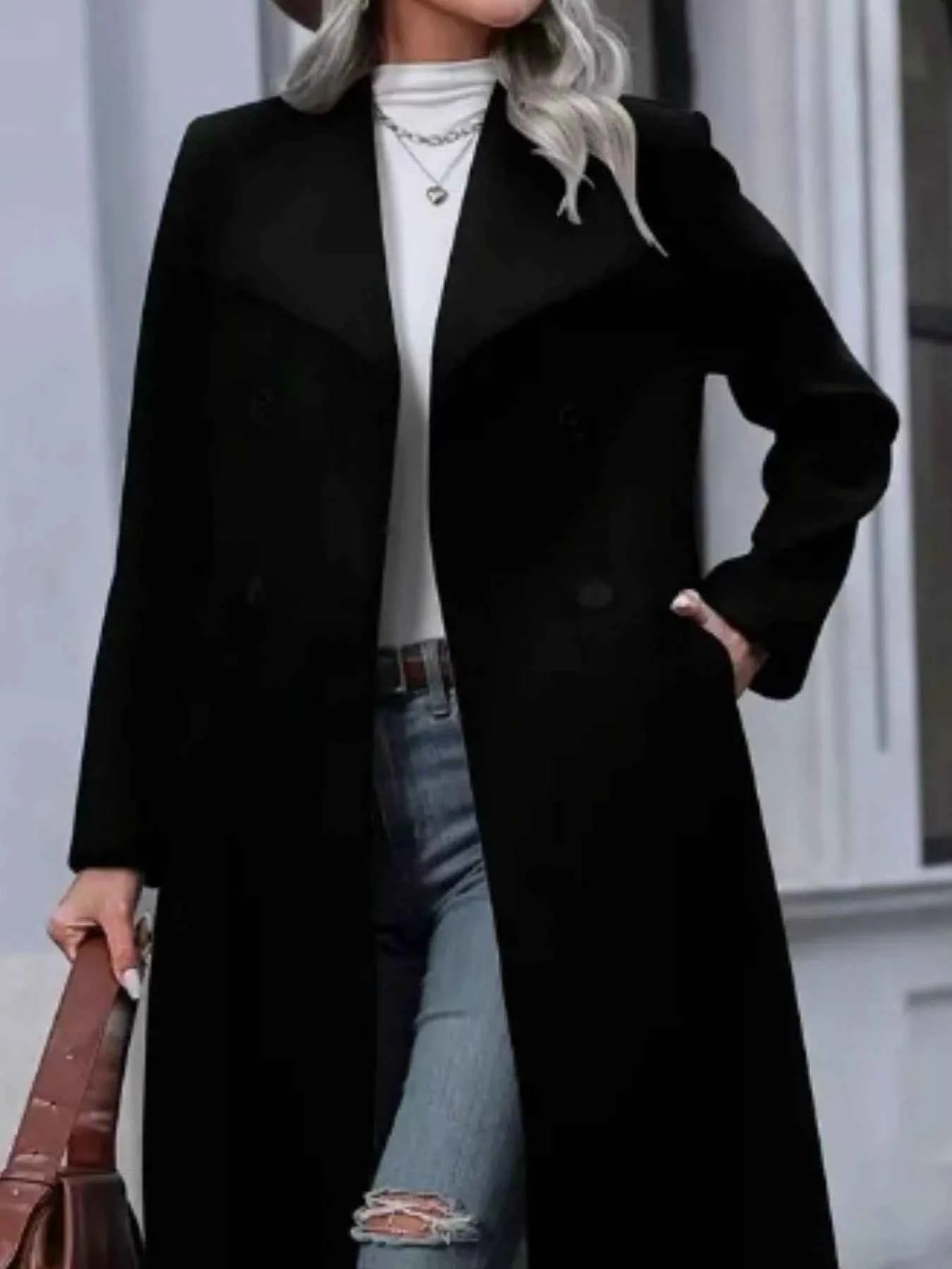 Double-Breasted Longline Overcoat- Elegant Women's Outerwear