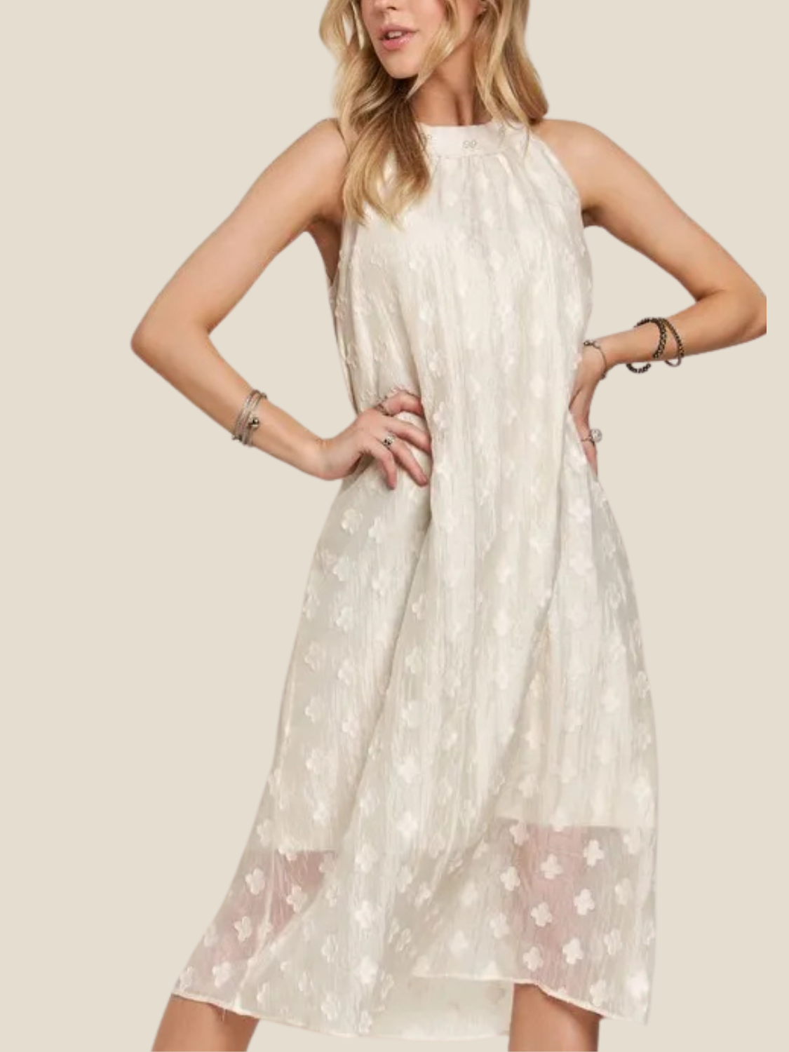 Applique Pearl Detail Grecian Neck Midi Dress