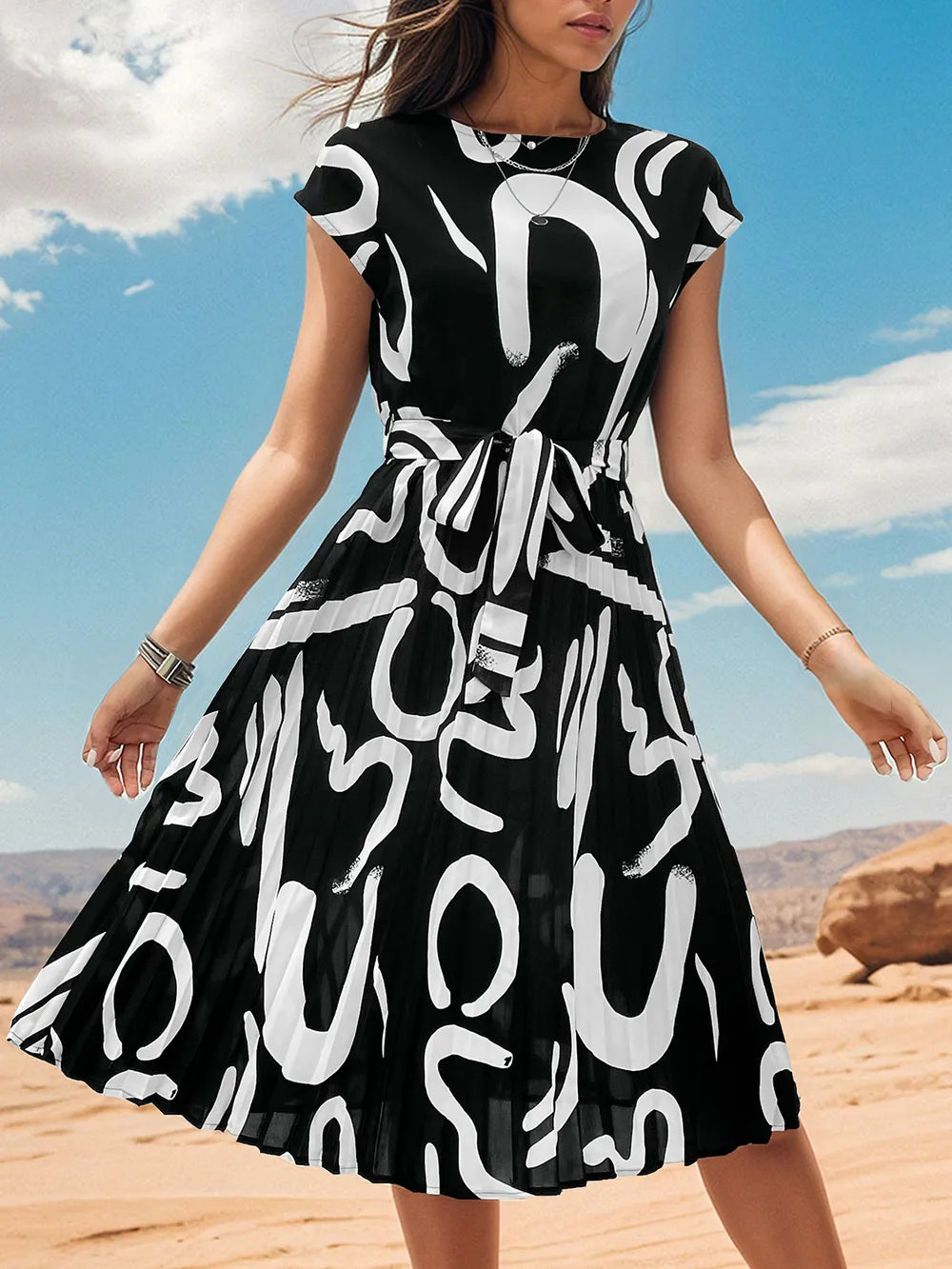 printed A-line tie waist dress