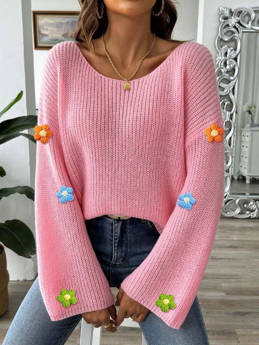 Flower Round Neck Long Sleeve Sweater