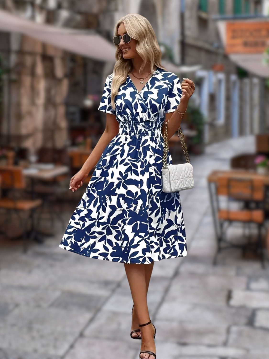 Printed Smocked Surplice Short Sleeve Dress