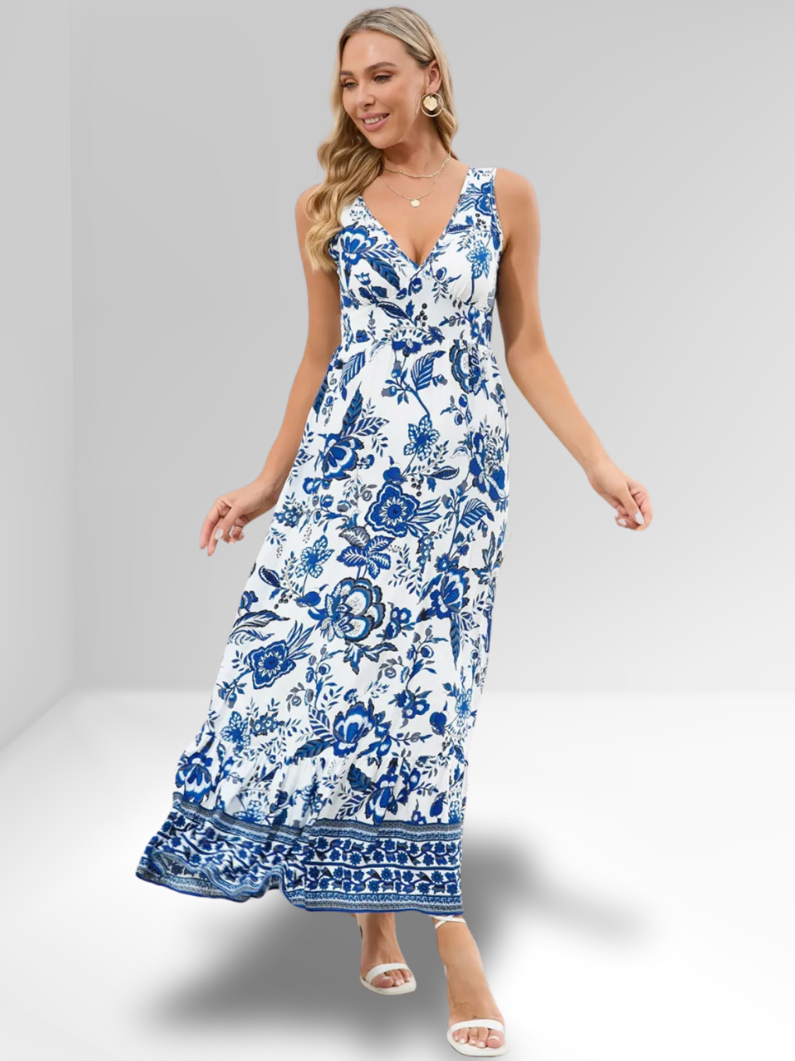 Printed V-Neck Wide Strap Dress