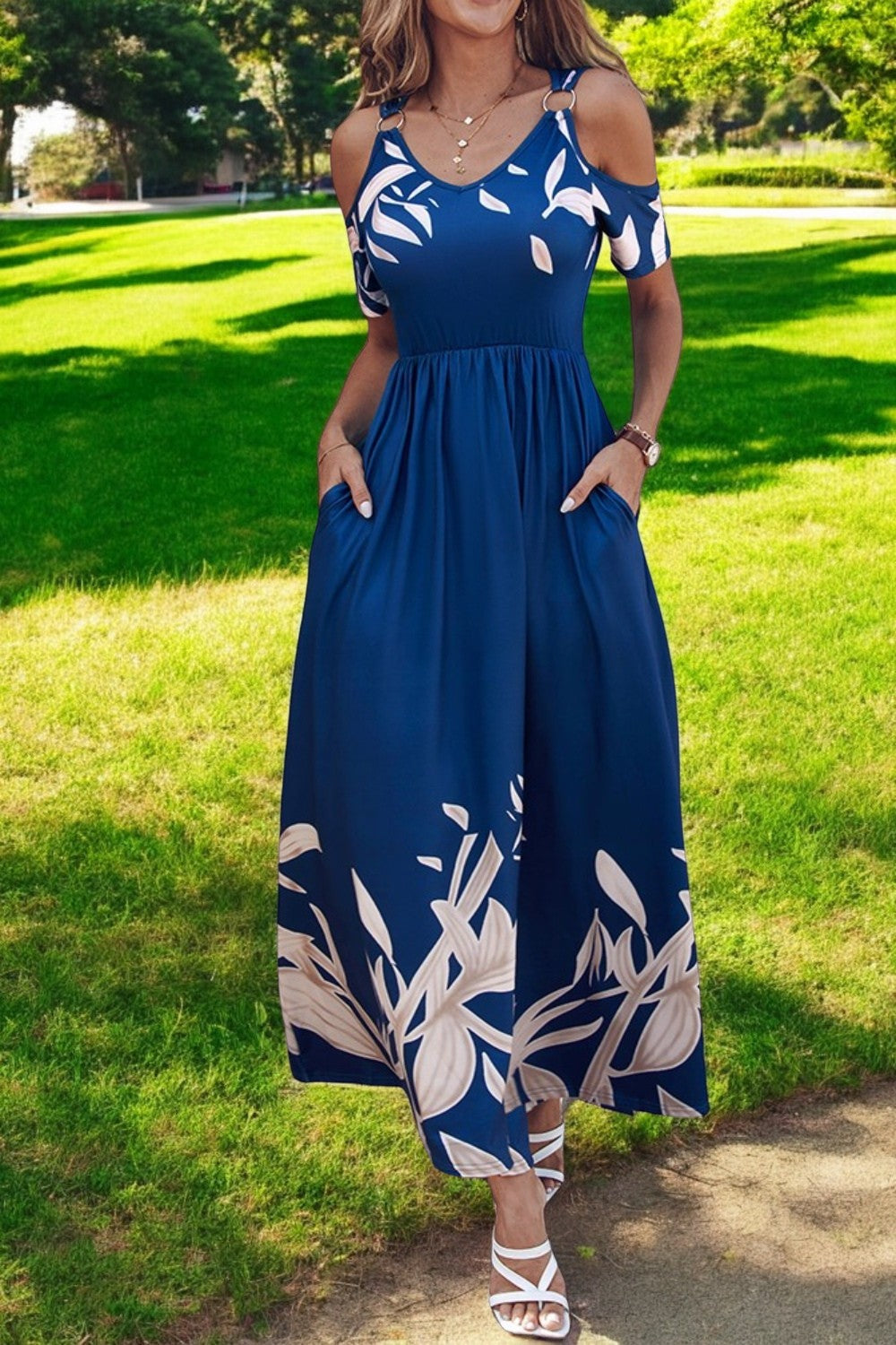 Printed Cold Shoulder Short Sleeve Maxi Dress