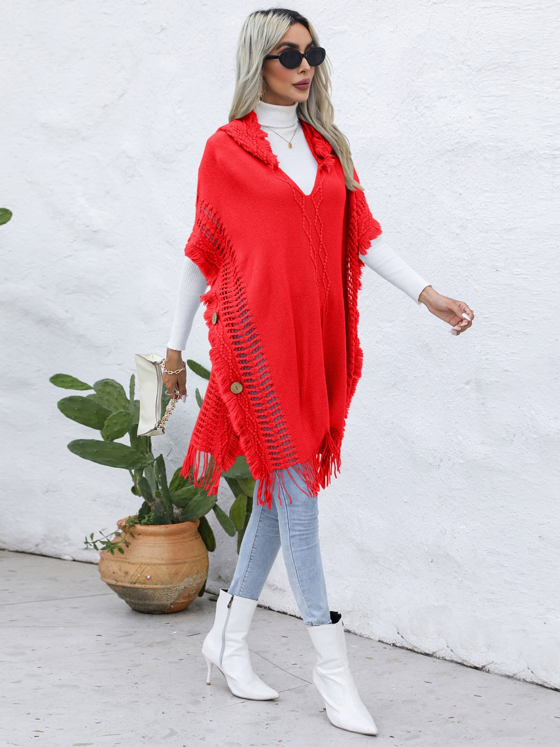 Trim Buttoned Hooded Poncho