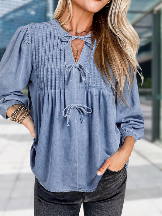 Bow Tie Long Sleeve Denim Top