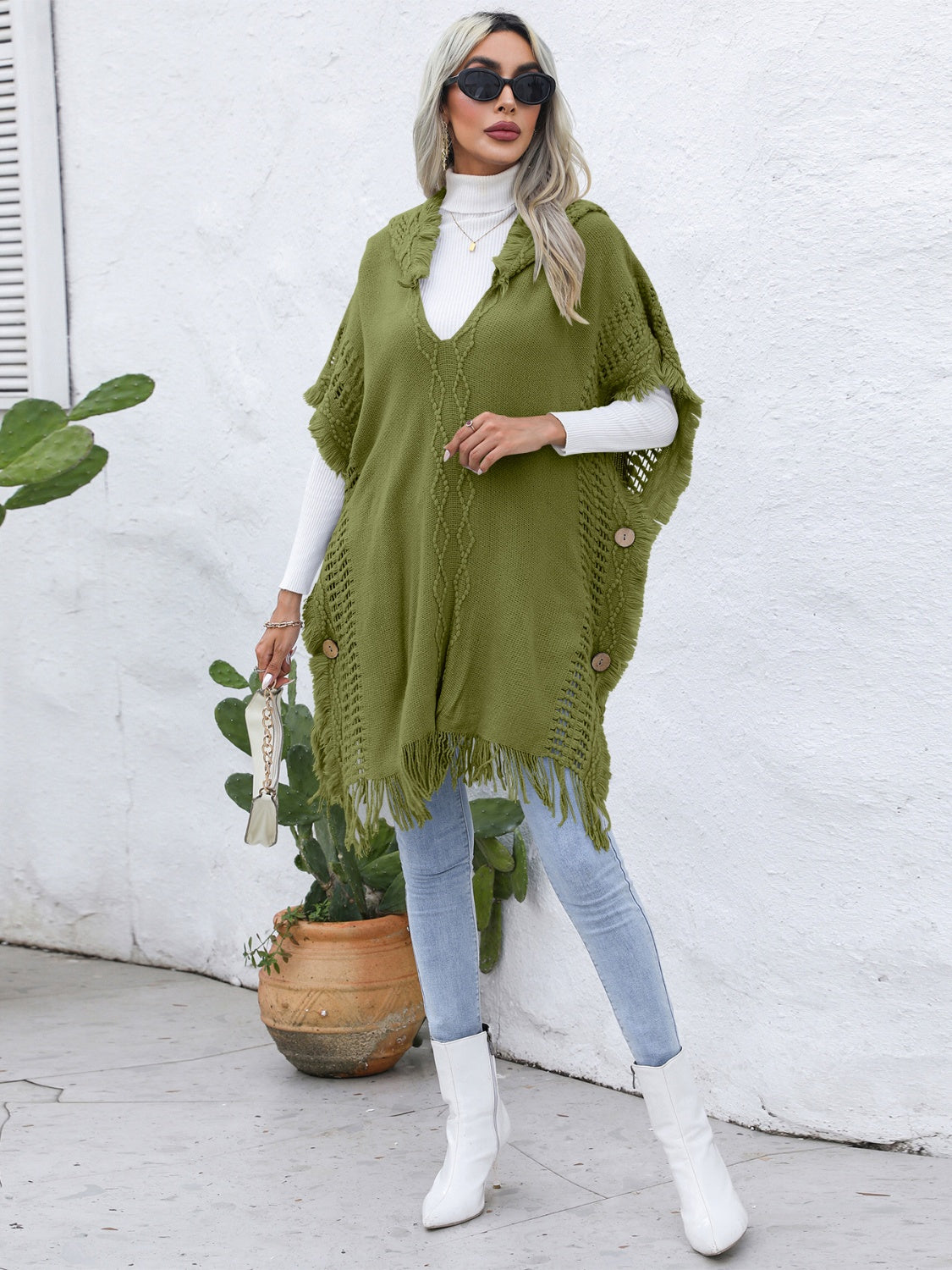 Trim Buttoned Hooded Poncho