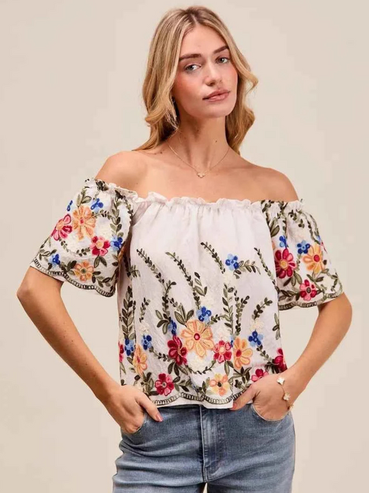 Floral Embroidered Two Way Off Shoulder Ruffled Top