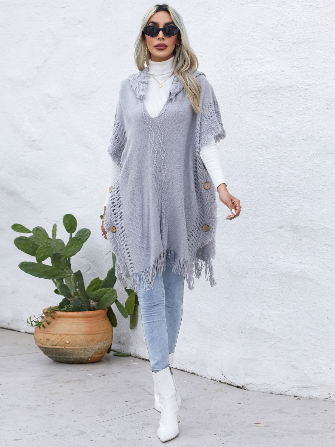 Trim Buttoned Hooded Poncho