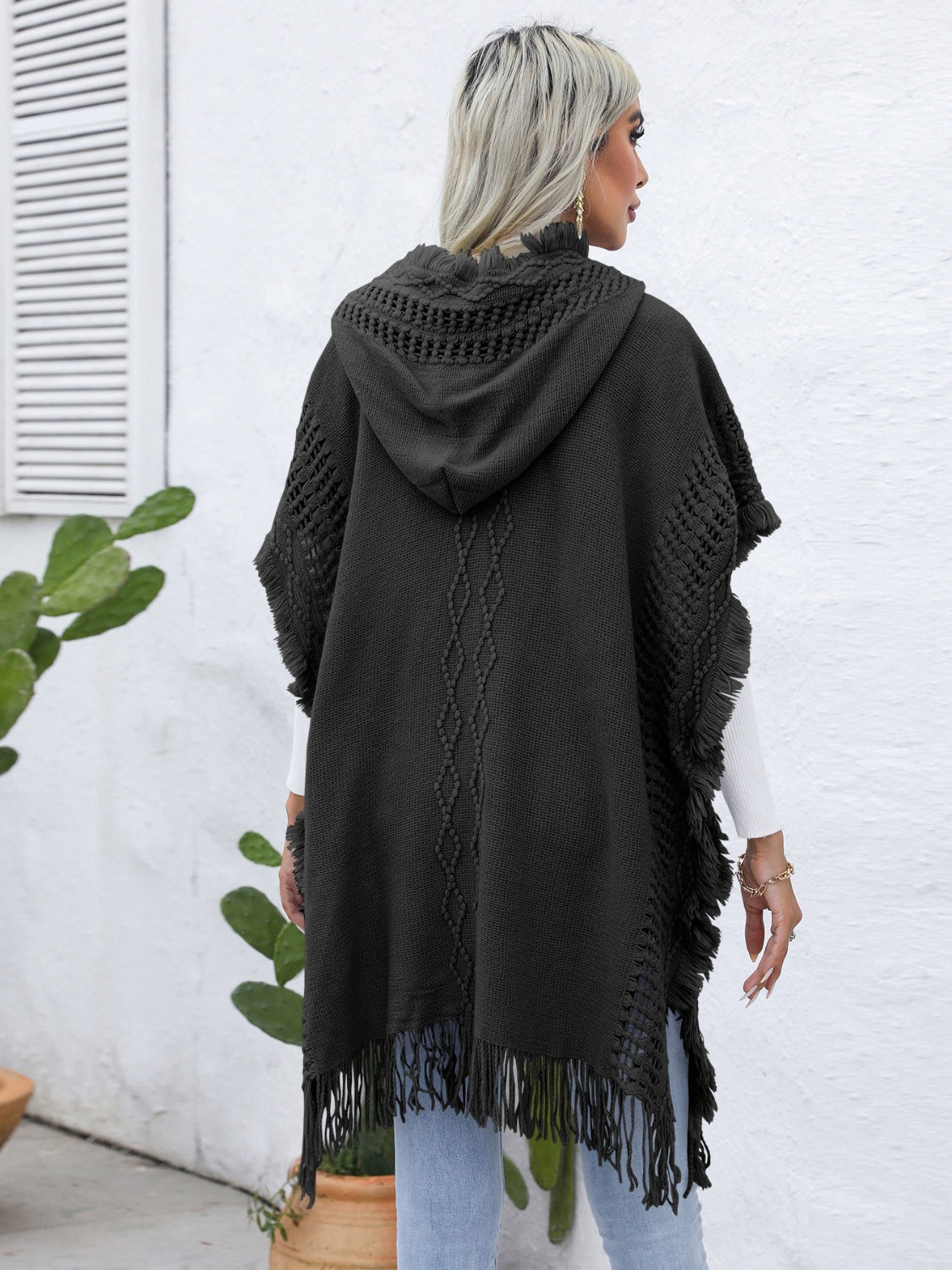 Trim Buttoned Hooded Poncho