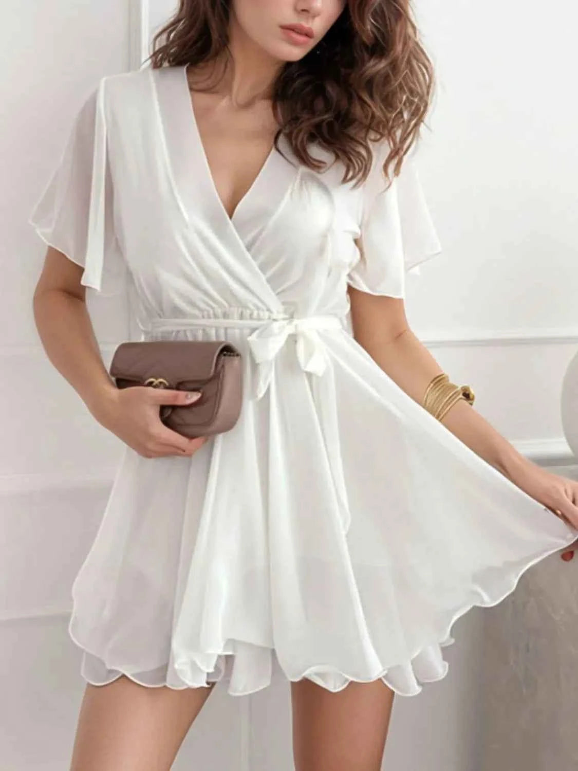 Surplice Flutter Sleeve Mini Dress