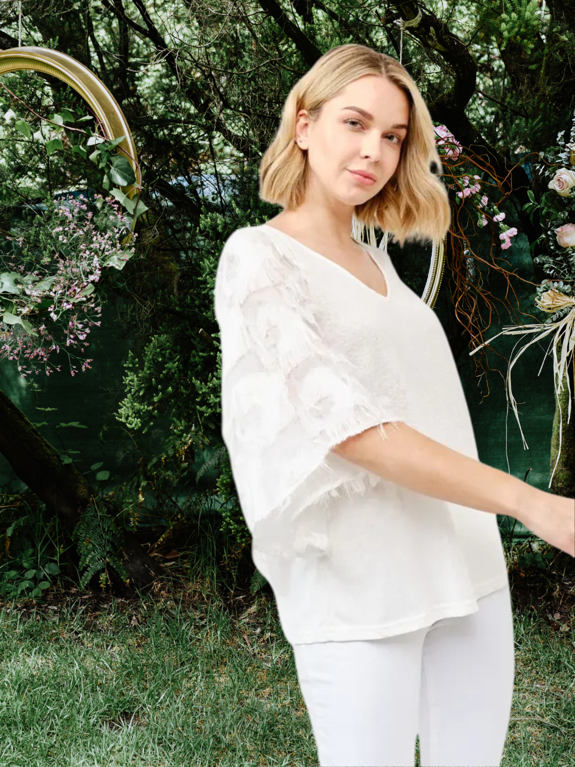 Feather Detailed 3/4 Sleeve Slub Top – Elegant Women’s Blouse