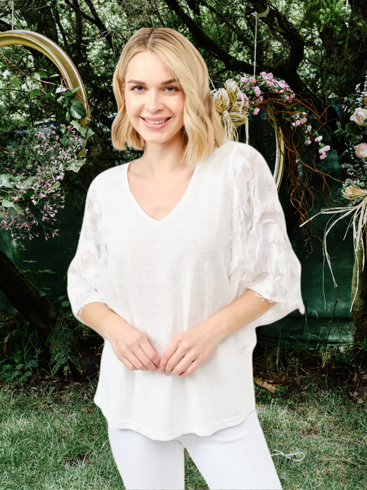 Close-up of feather detail on elegant women’s blouse