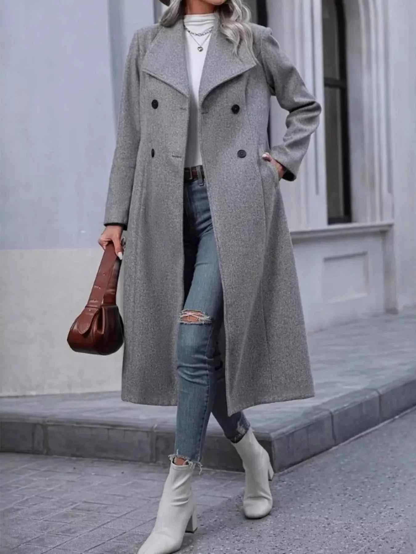 Double-Breasted Longline Overcoat- Elegant Women's Outerwear