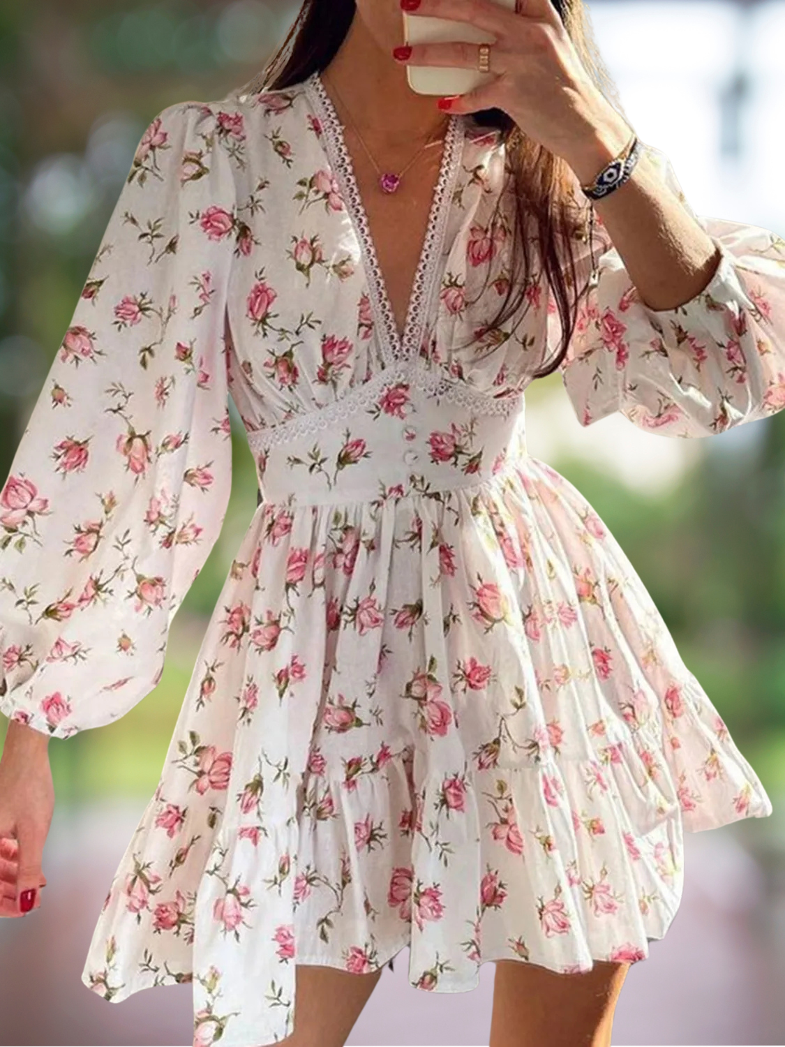 Lace Detail V-Neck Balloon Sleeve Dress