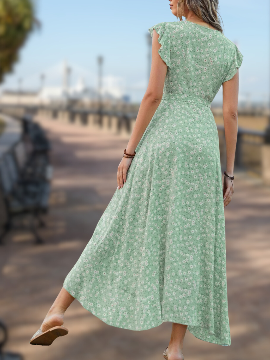 Printed Surplice Ruffle Sleeve V-Neck Dress