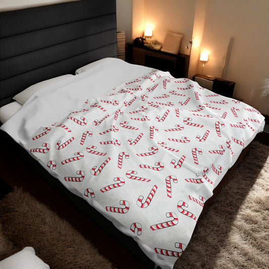 Velveteen Plush Blanket with Candy Canes Design