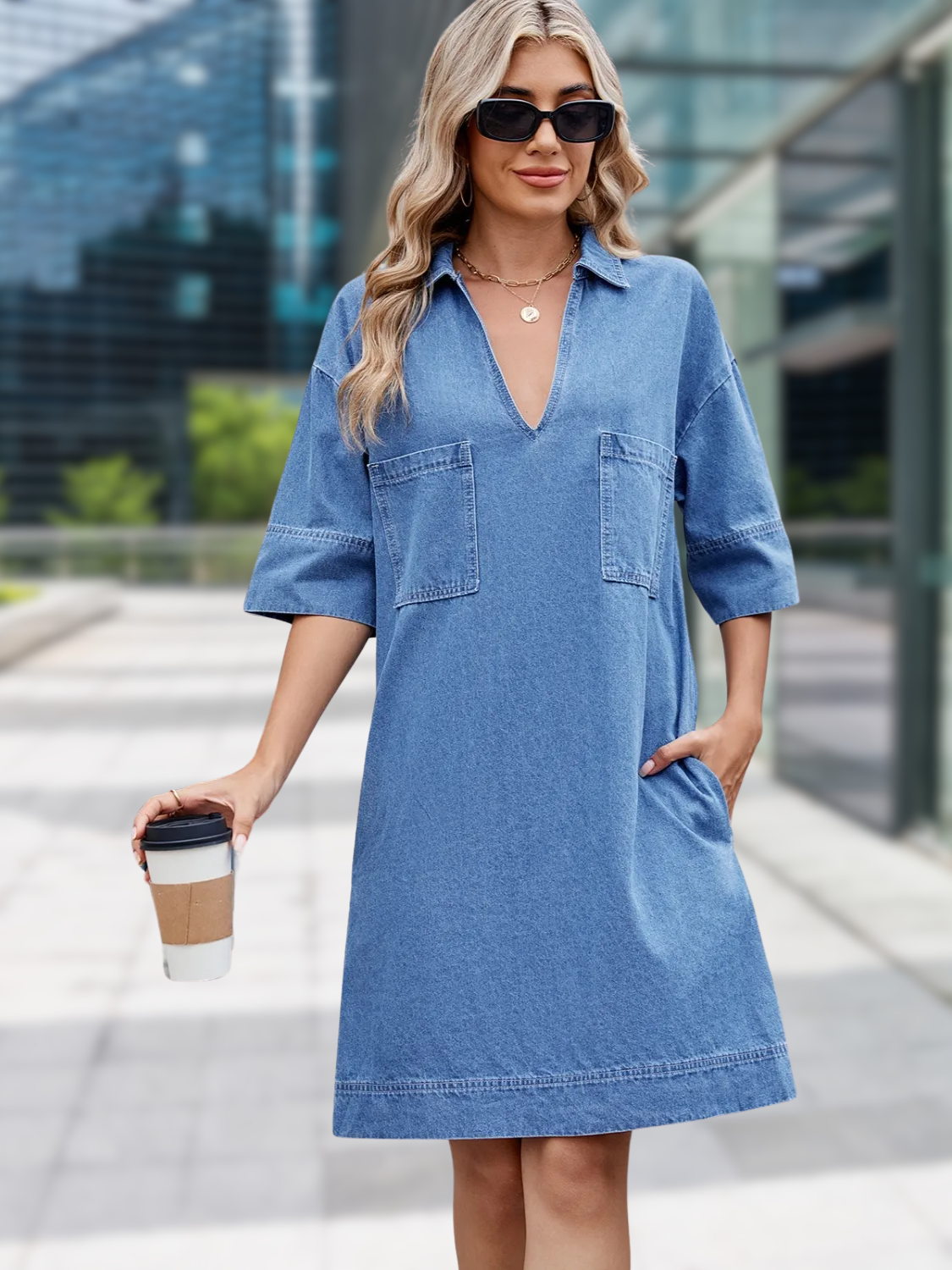 Johnny Collar Half Sleeve Mini Denim Dress with Pockets – Casual & Chic