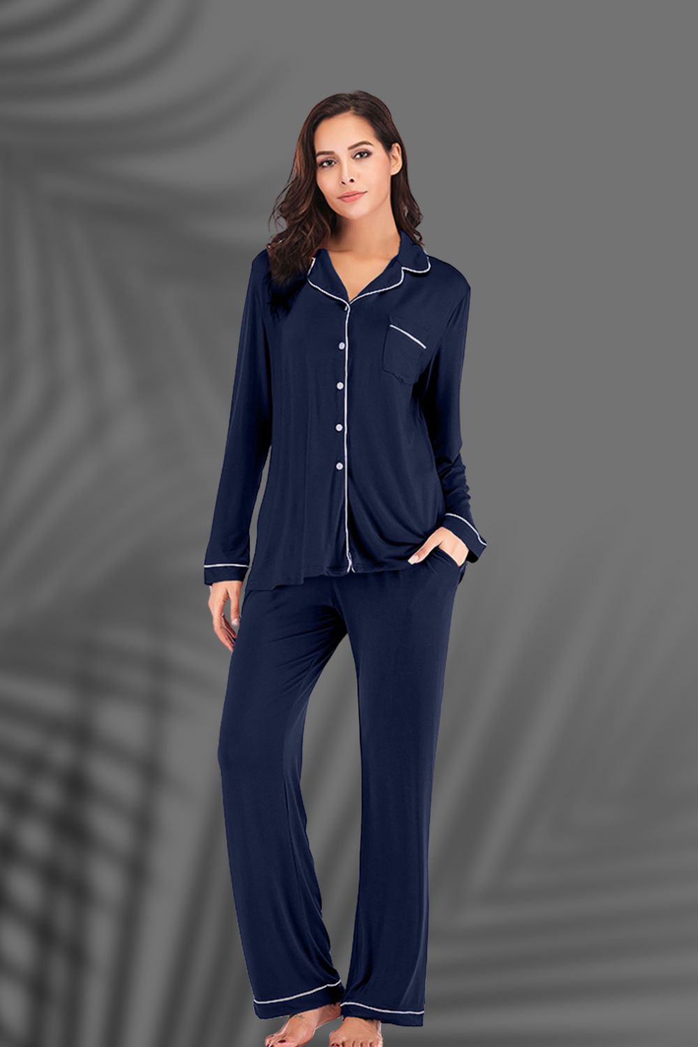 Collared Neck Long Sleeve Loungewear Set with Pockets