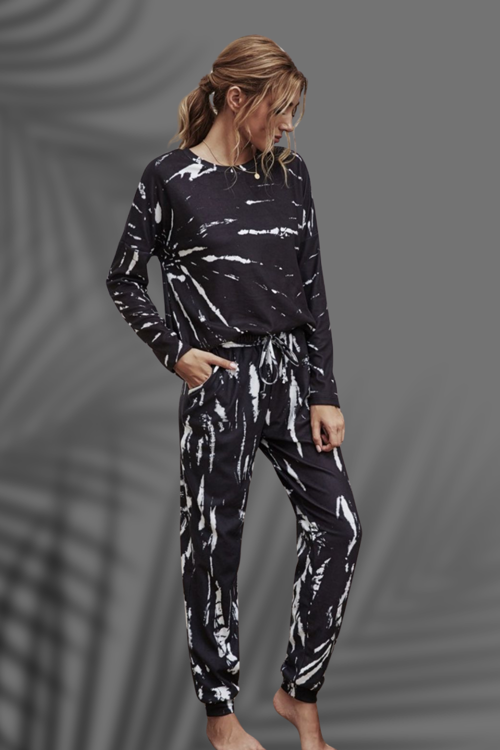 Shiny Tie-Dye Round Neck Top and Drawstring Waist Joggers Lounge Set