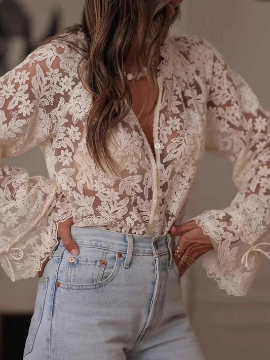 Sheer Lace Button- Up Long Sleeve Shirt